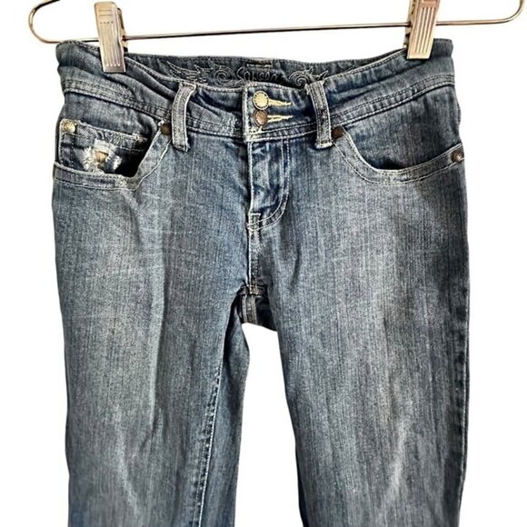 Squeeze Jeans Women's size 0 zero Distressed camo patched boot cut med wash - Picture 8 of 12